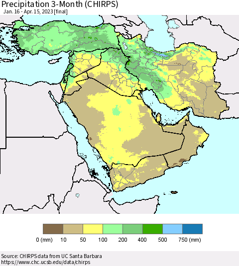 Middle East and Turkey Precipitation 3-Month (CHIRPS) Thematic Map For 1/16/2023 - 4/15/2023