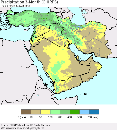 Middle East and Turkey Precipitation 3-Month (CHIRPS) Thematic Map For 2/6/2023 - 5/5/2023