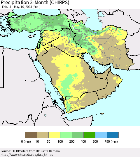 Middle East and Turkey Precipitation 3-Month (CHIRPS) Thematic Map For 2/11/2023 - 5/10/2023
