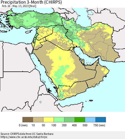 Middle East and Turkey Precipitation 3-Month (CHIRPS) Thematic Map For 2/16/2023 - 5/15/2023