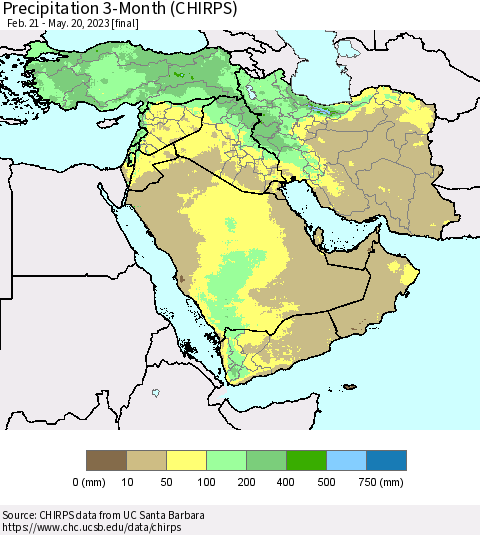 Middle East and Turkey Precipitation 3-Month (CHIRPS) Thematic Map For 2/21/2023 - 5/20/2023