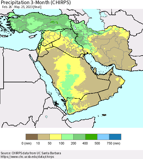 Middle East and Turkey Precipitation 3-Month (CHIRPS) Thematic Map For 2/26/2023 - 5/25/2023