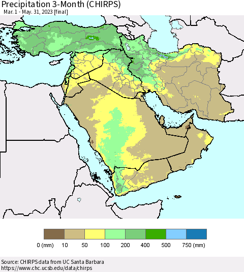 Middle East and Turkey Precipitation 3-Month (CHIRPS) Thematic Map For 3/1/2023 - 5/31/2023
