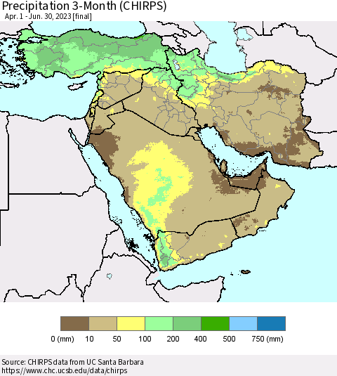 Middle East and Turkey Precipitation 3-Month (CHIRPS) Thematic Map For 4/1/2023 - 6/30/2023