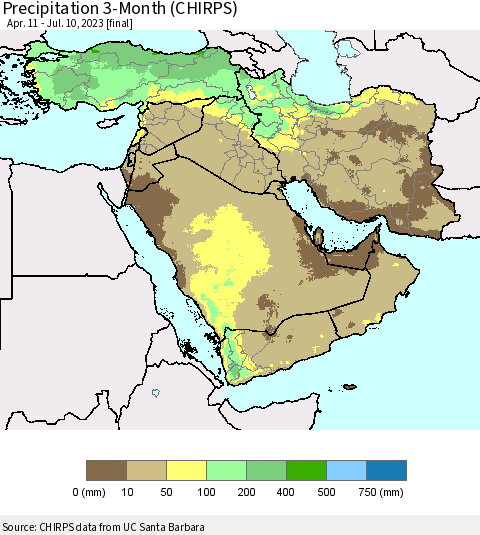 Middle East and Turkey Precipitation 3-Month (CHIRPS) Thematic Map For 4/11/2023 - 7/10/2023