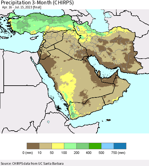 Middle East and Turkey Precipitation 3-Month (CHIRPS) Thematic Map For 4/16/2023 - 7/15/2023