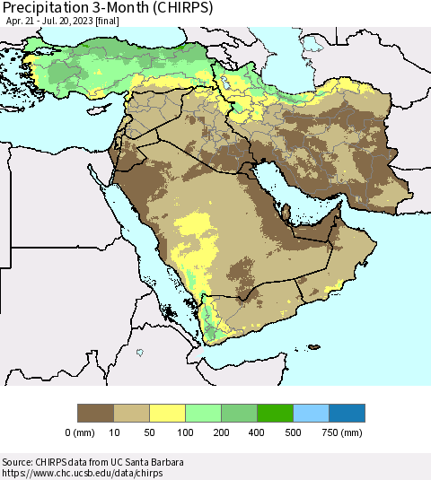 Middle East and Turkey Precipitation 3-Month (CHIRPS) Thematic Map For 4/21/2023 - 7/20/2023