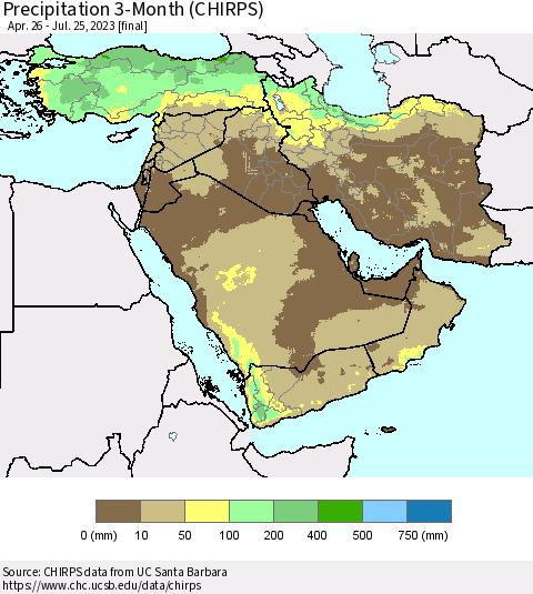 Middle East and Turkey Precipitation 3-Month (CHIRPS) Thematic Map For 4/26/2023 - 7/25/2023