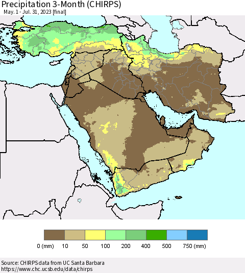 Middle East and Turkey Precipitation 3-Month (CHIRPS) Thematic Map For 5/1/2023 - 7/31/2023