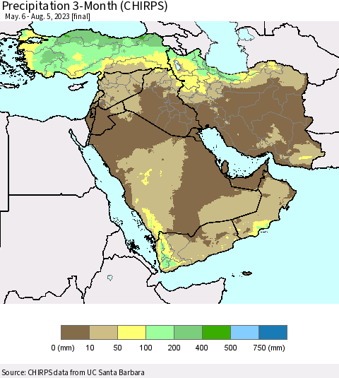Middle East and Turkey Precipitation 3-Month (CHIRPS) Thematic Map For 5/6/2023 - 8/5/2023
