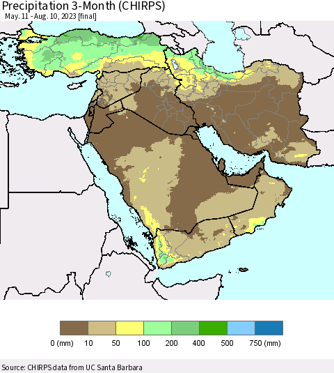 Middle East and Turkey Precipitation 3-Month (CHIRPS) Thematic Map For 5/11/2023 - 8/10/2023
