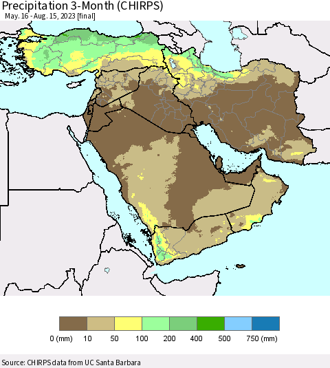 Middle East and Turkey Precipitation 3-Month (CHIRPS) Thematic Map For 5/16/2023 - 8/15/2023