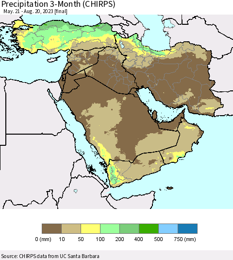 Middle East and Turkey Precipitation 3-Month (CHIRPS) Thematic Map For 5/21/2023 - 8/20/2023