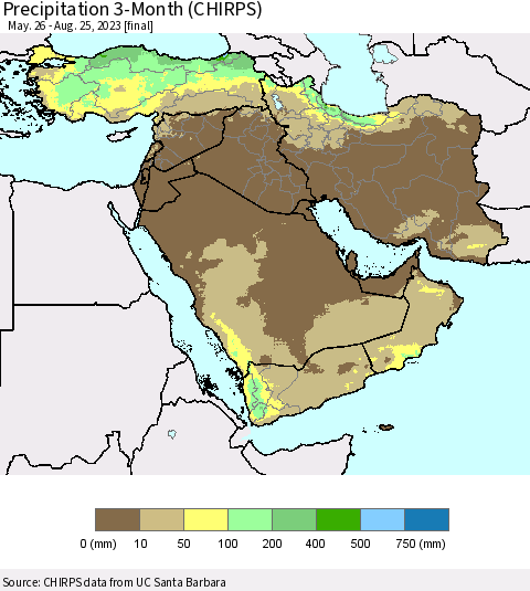 Middle East and Turkey Precipitation 3-Month (CHIRPS) Thematic Map For 5/26/2023 - 8/25/2023