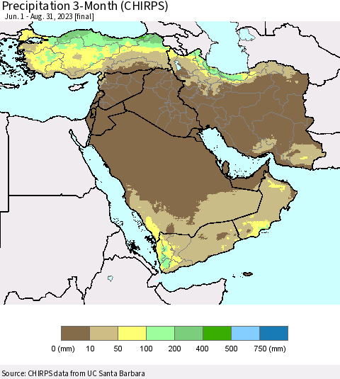 Middle East and Turkey Precipitation 3-Month (CHIRPS) Thematic Map For 6/1/2023 - 8/31/2023