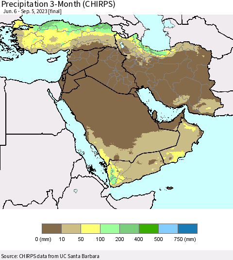 Middle East and Turkey Precipitation 3-Month (CHIRPS) Thematic Map For 6/6/2023 - 9/5/2023