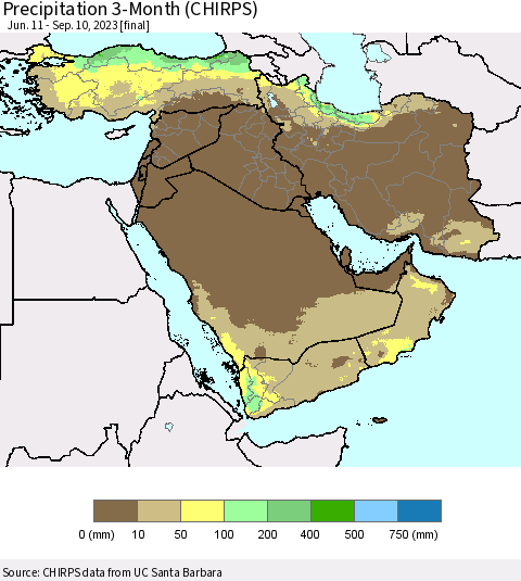 Middle East and Turkey Precipitation 3-Month (CHIRPS) Thematic Map For 6/11/2023 - 9/10/2023