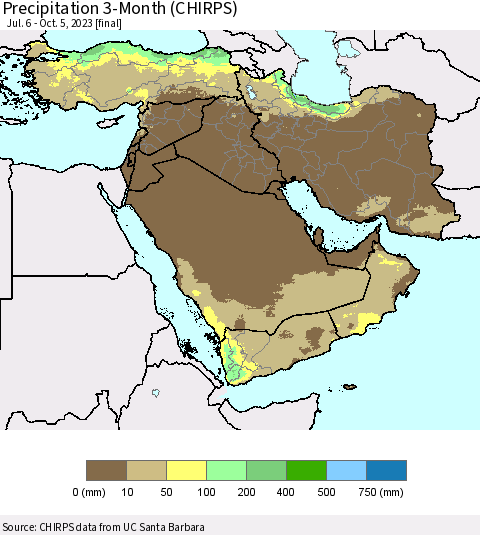 Middle East and Turkey Precipitation 3-Month (CHIRPS) Thematic Map For 7/6/2023 - 10/5/2023