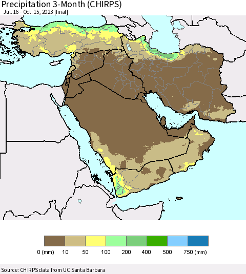Middle East and Turkey Precipitation 3-Month (CHIRPS) Thematic Map For 7/16/2023 - 10/15/2023