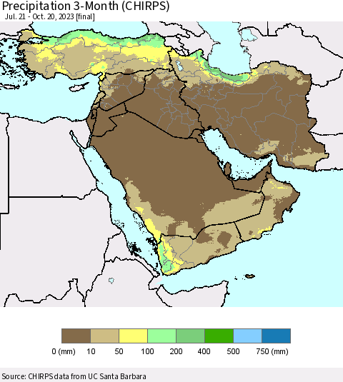 Middle East and Turkey Precipitation 3-Month (CHIRPS) Thematic Map For 7/21/2023 - 10/20/2023