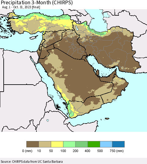 Middle East and Turkey Precipitation 3-Month (CHIRPS) Thematic Map For 8/1/2023 - 10/31/2023