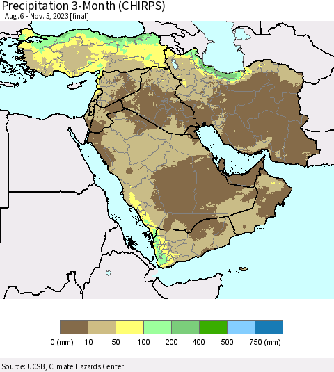 Middle East and Turkey Precipitation 3-Month (CHIRPS) Thematic Map For 8/6/2023 - 11/5/2023