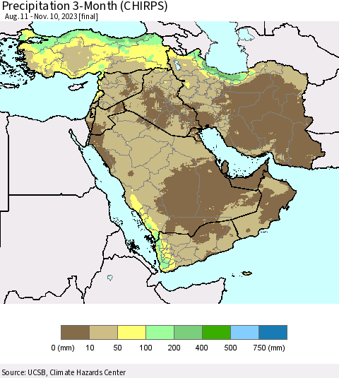 Middle East and Turkey Precipitation 3-Month (CHIRPS) Thematic Map For 8/11/2023 - 11/10/2023