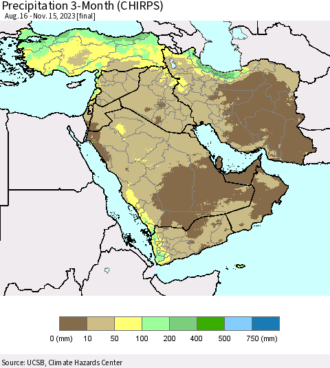 Middle East and Turkey Precipitation 3-Month (CHIRPS) Thematic Map For 8/16/2023 - 11/15/2023