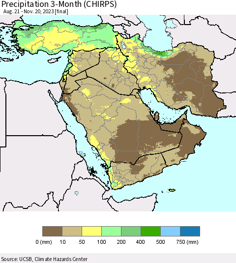Middle East and Turkey Precipitation 3-Month (CHIRPS) Thematic Map For 8/21/2023 - 11/20/2023