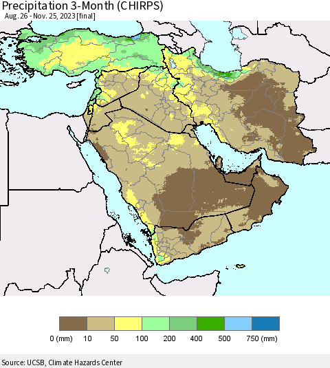 Middle East and Turkey Precipitation 3-Month (CHIRPS) Thematic Map For 8/26/2023 - 11/25/2023