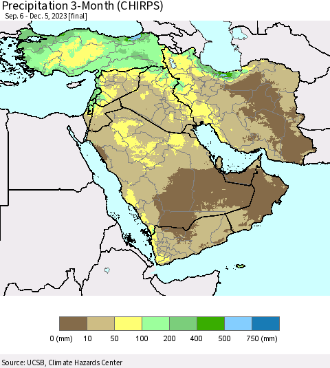 Middle East and Turkey Precipitation 3-Month (CHIRPS) Thematic Map For 9/6/2023 - 12/5/2023