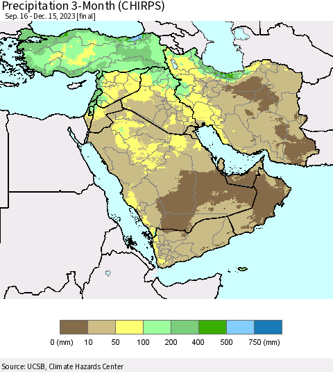 Middle East and Turkey Precipitation 3-Month (CHIRPS) Thematic Map For 9/16/2023 - 12/15/2023
