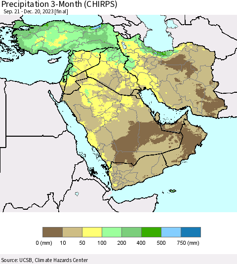 Middle East and Turkey Precipitation 3-Month (CHIRPS) Thematic Map For 9/21/2023 - 12/20/2023