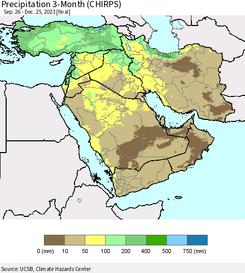 Middle East and Turkey Precipitation 3-Month (CHIRPS) Thematic Map For 9/26/2023 - 12/25/2023