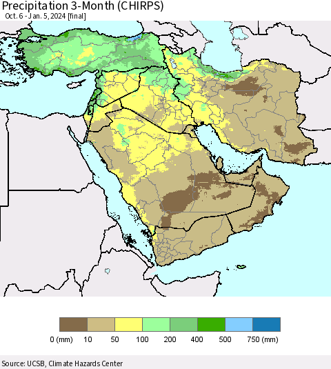 Middle East and Turkey Precipitation 3-Month (CHIRPS) Thematic Map For 10/6/2023 - 1/5/2024