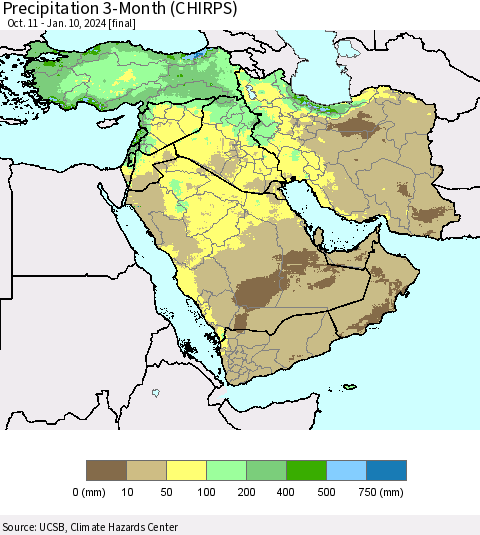 Middle East and Turkey Precipitation 3-Month (CHIRPS) Thematic Map For 10/11/2023 - 1/10/2024