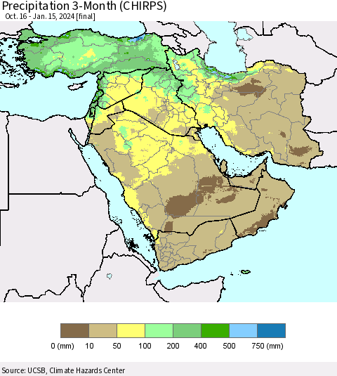 Middle East and Turkey Precipitation 3-Month (CHIRPS) Thematic Map For 10/16/2023 - 1/15/2024