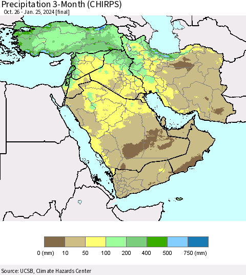 Middle East and Turkey Precipitation 3-Month (CHIRPS) Thematic Map For 10/26/2023 - 1/25/2024
