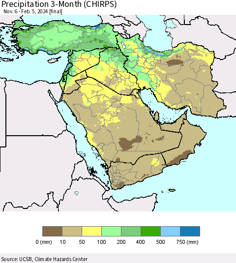 Middle East and Turkey Precipitation 3-Month (CHIRPS) Thematic Map For 11/6/2023 - 2/5/2024