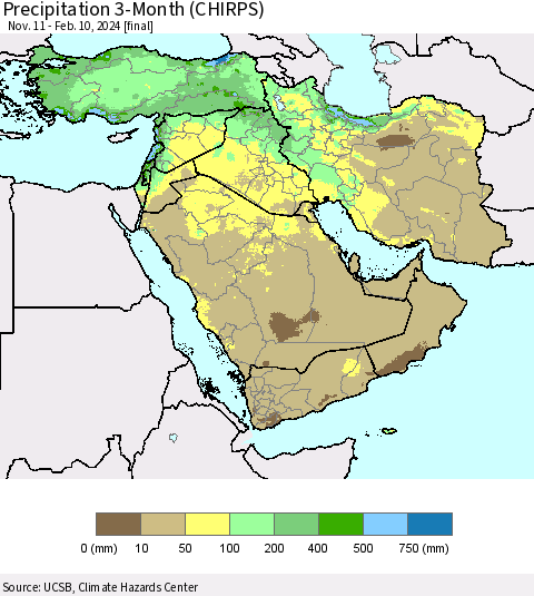 Middle East and Turkey Precipitation 3-Month (CHIRPS) Thematic Map For 11/11/2023 - 2/10/2024