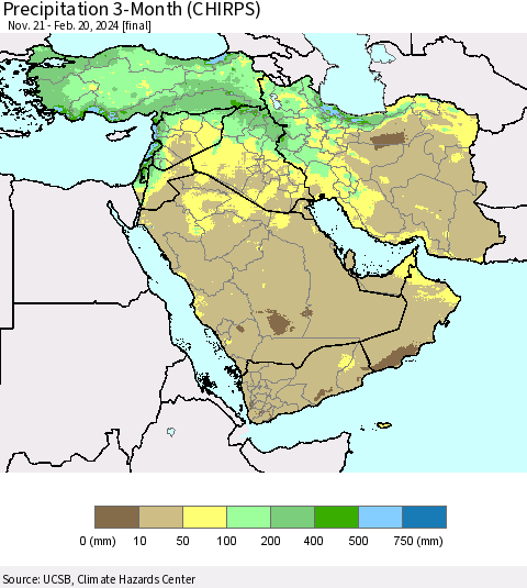 Middle East and Turkey Precipitation 3-Month (CHIRPS) Thematic Map For 11/21/2023 - 2/20/2024