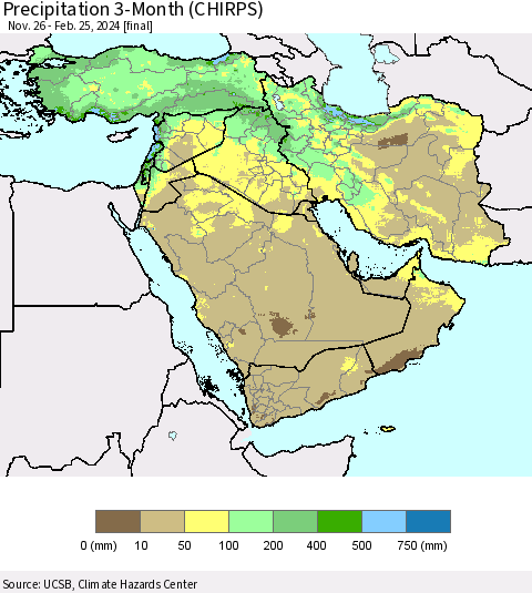 Middle East and Turkey Precipitation 3-Month (CHIRPS) Thematic Map For 11/26/2023 - 2/25/2024