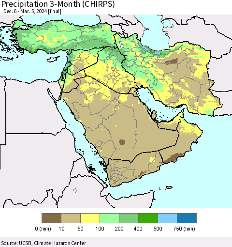 Middle East and Turkey Precipitation 3-Month (CHIRPS) Thematic Map For 12/6/2023 - 3/5/2024