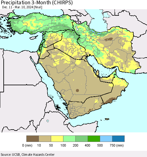 Middle East and Turkey Precipitation 3-Month (CHIRPS) Thematic Map For 12/11/2023 - 3/10/2024