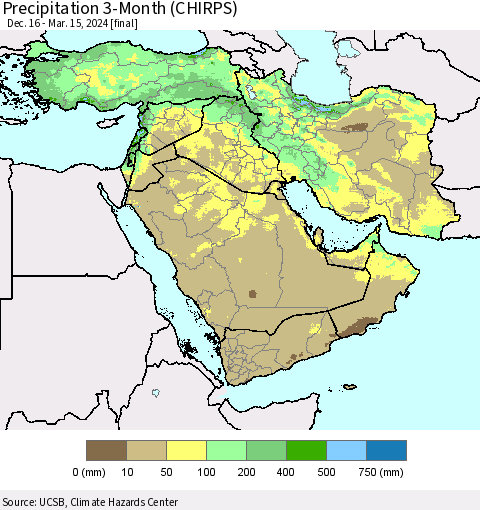 Middle East and Turkey Precipitation 3-Month (CHIRPS) Thematic Map For 12/16/2023 - 3/15/2024