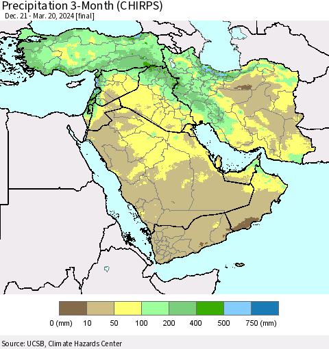 Middle East and Turkey Precipitation 3-Month (CHIRPS) Thematic Map For 12/21/2023 - 3/20/2024