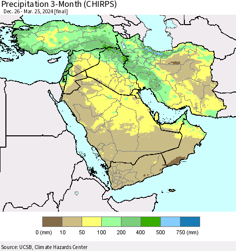 Middle East and Turkey Precipitation 3-Month (CHIRPS) Thematic Map For 12/26/2023 - 3/25/2024