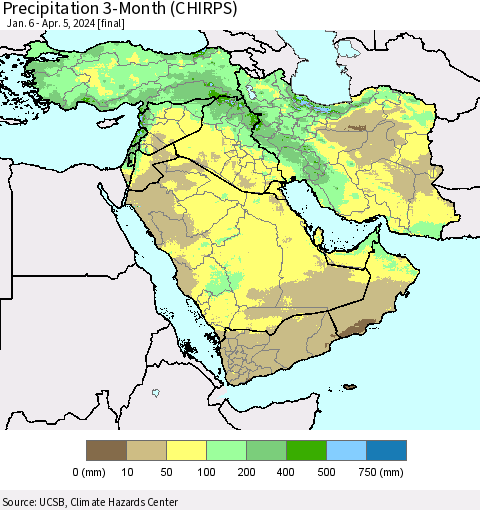 Middle East and Turkey Precipitation 3-Month (CHIRPS) Thematic Map For 1/6/2024 - 4/5/2024