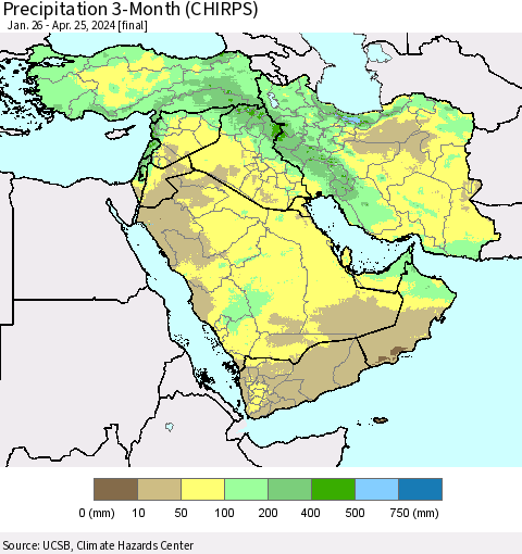 Middle East and Turkey Precipitation 3-Month (CHIRPS) Thematic Map For 1/26/2024 - 4/25/2024