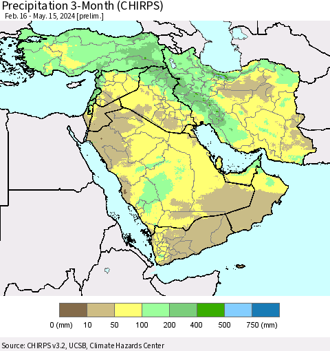 Middle East and Turkey Precipitation 3-Month (CHIRPS) Thematic Map For 2/16/2024 - 5/15/2024